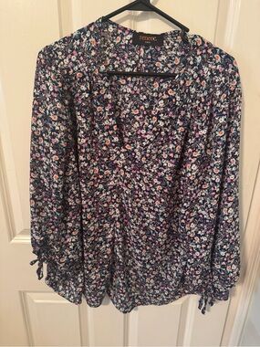 Renee C. Navy Floral V-Neck Long Sleeve Blouse